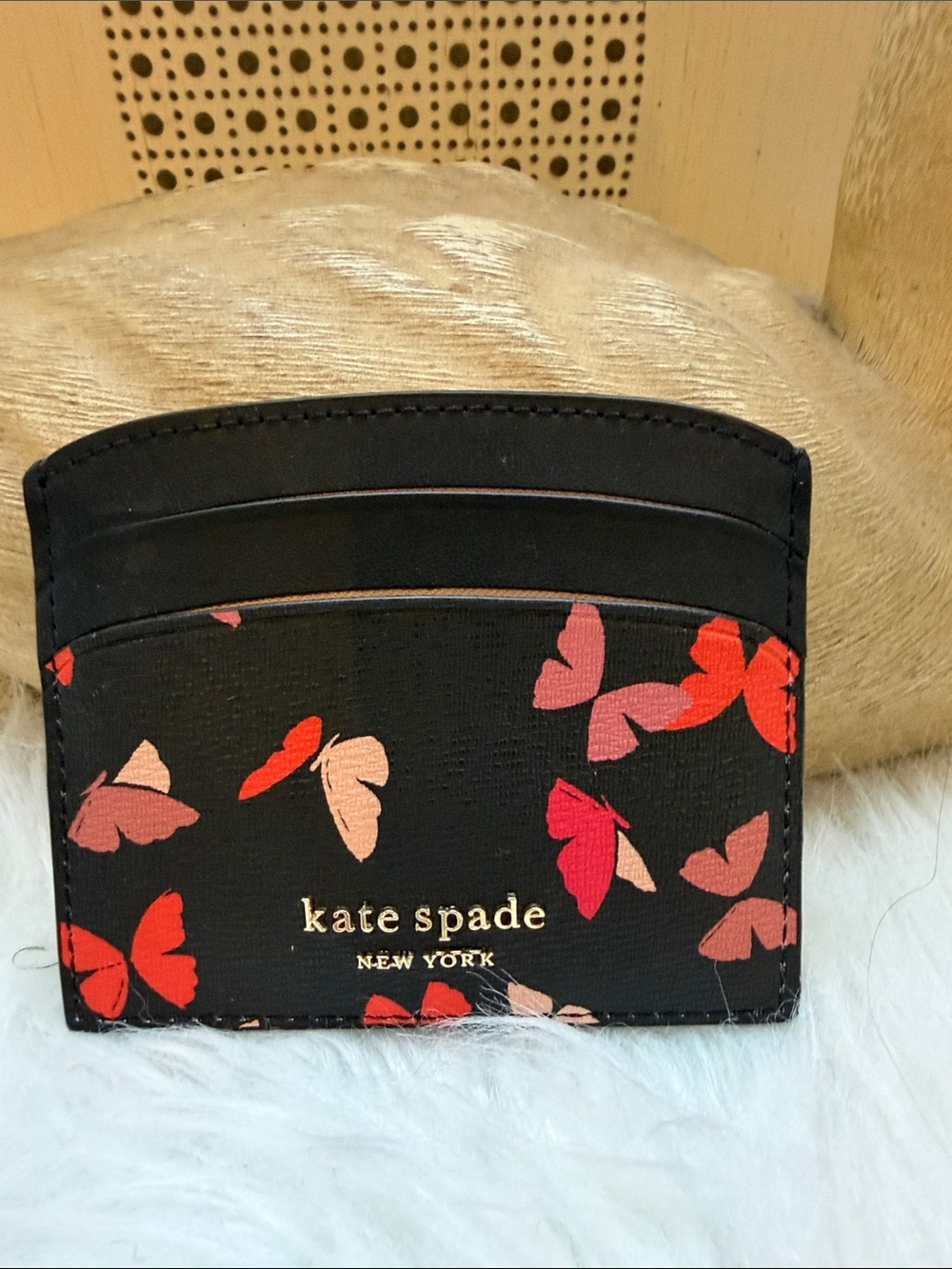 kate spade Black Card Holder with Red & Pink Butterfly Print